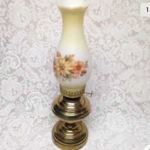 Brass Kerosene Lamp with Floral Milk Glass Chimney 18in x 10in